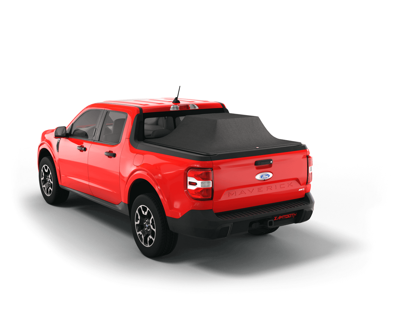 Red 2025 Ford Maverick with gear in the truck bed and the Sawtooth Stretch tonneau cover expanded over cargo load